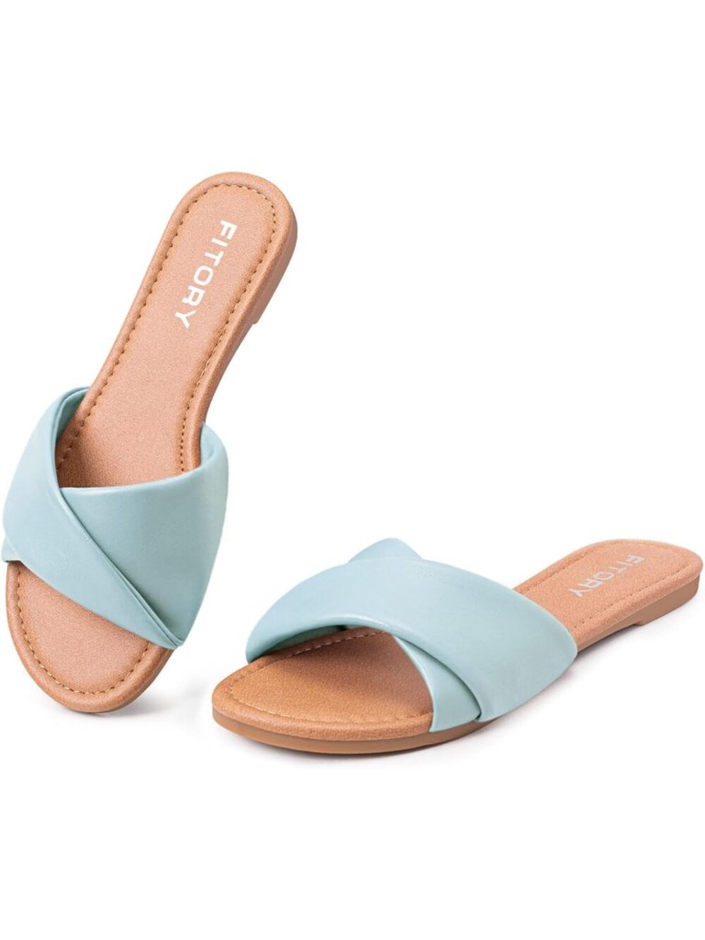 Women's Lake Blue Flat Sandals Fashion Slides With Soft Leather Slippers Casual